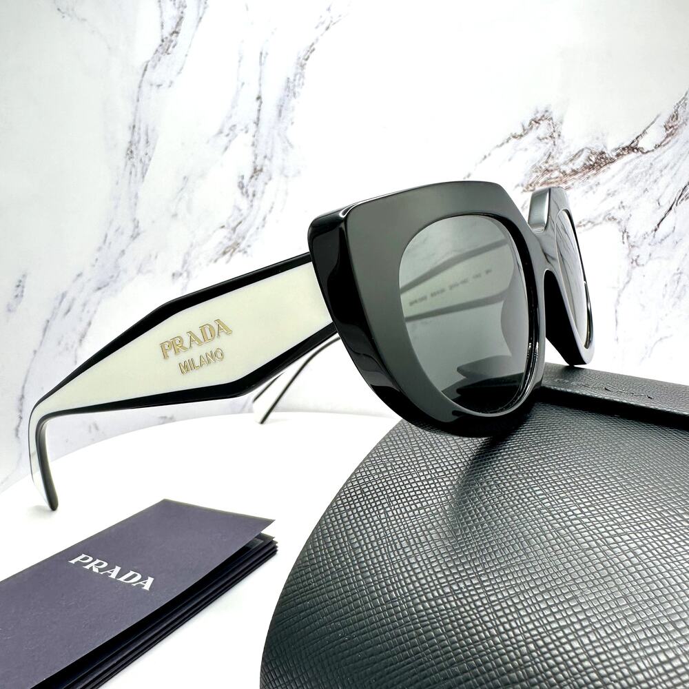 New PRADA Sunglasses Black White Talc Gold Symbole Oval Cat Eye Womens - Picture 6 of 16